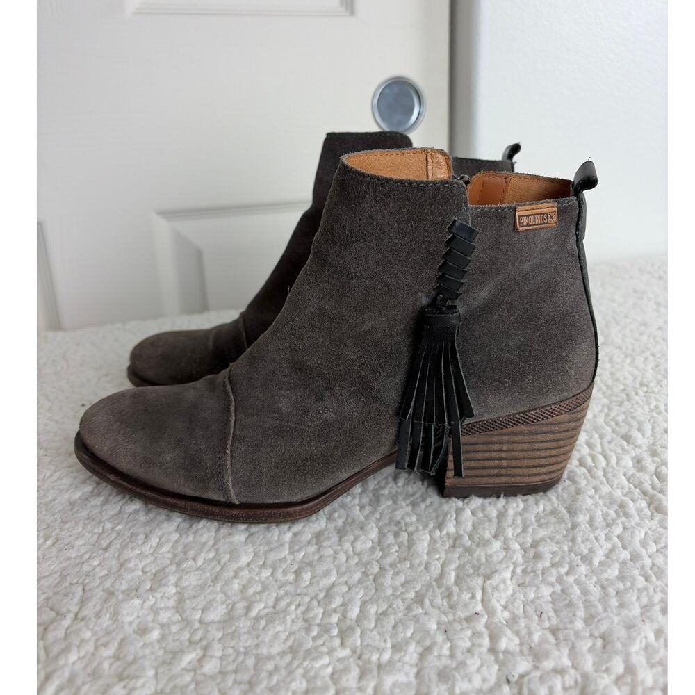 Pikolinos Womens Grey Suede Booties Size 40 9.5 Baqueira Block Heel Tassel